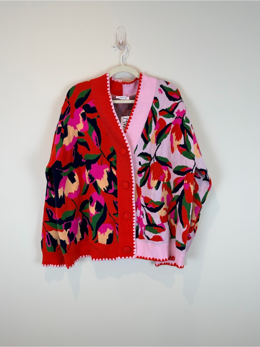 NWT Avara Two-Tone Floral Button-Front Cardigan Sweater - Pink & Red XL